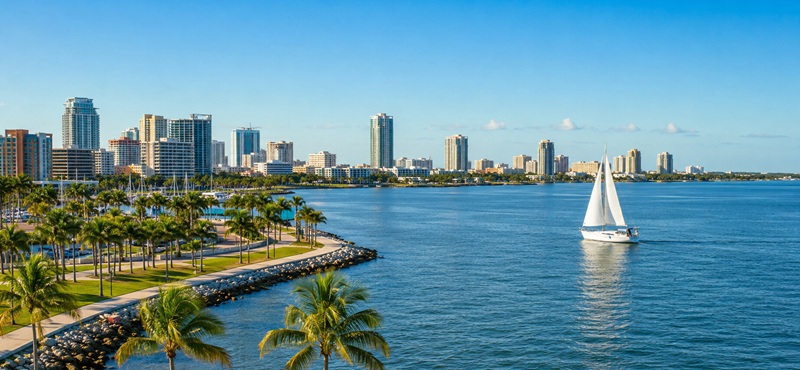 Aerial view of the Tampa Bay waterfront on a bright Florida day