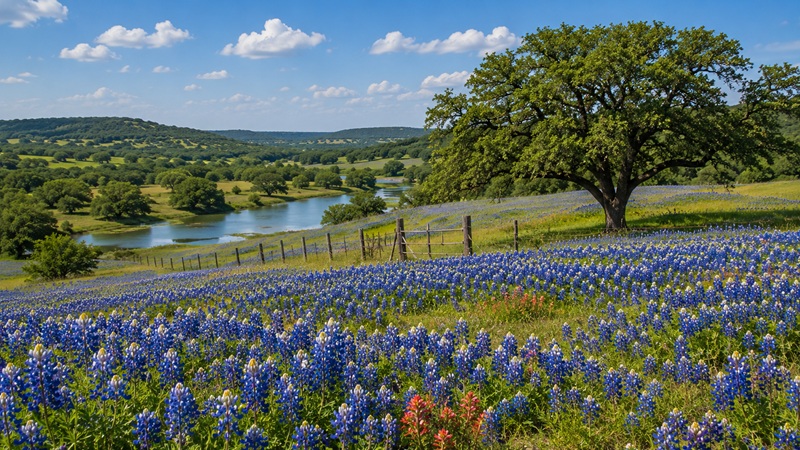Texas bluebonnets beneath a bright Texas skyline