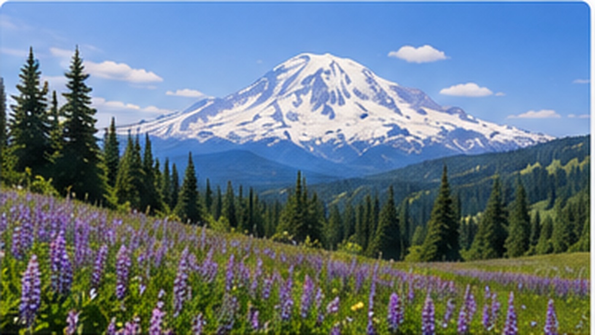 Mount Rainier above evergreen forest and a summer wildflower meadow